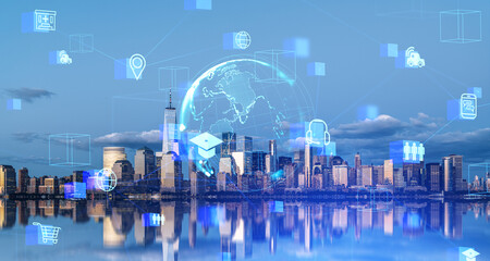 New York cityscape, IOT with digital icons and business technology