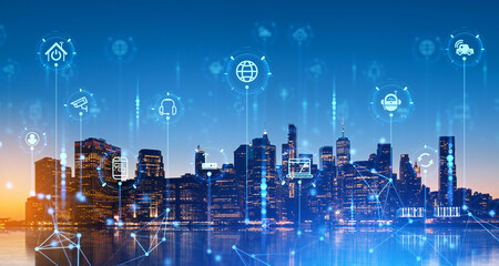Internet of things icons in night New York city