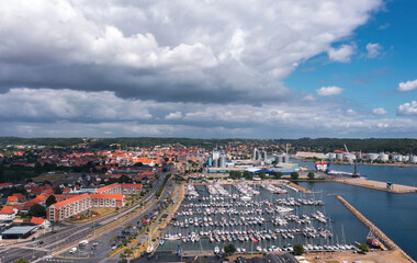 Obraz premium Summer skyline cityscape of Aabenraa, Southern Denmark. Aerial view of yacht havn