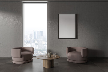 Fototapeta na wymiar Grey living room interior armchairs with decoration, window and mockup frame