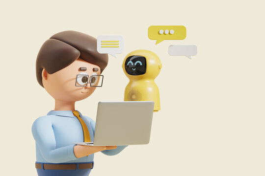 3d rendering. Cartoon man with laptop, robot texting information