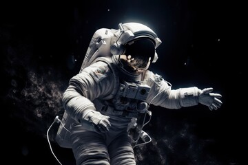 Fototapeta premium Flying astronaut from behind, isolated on black background. ai generative.