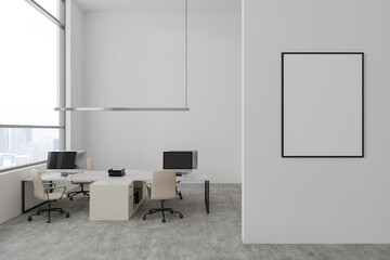 Light business room interior with coworking zone, window. Mockup frame