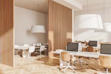Cozy office room interior with coworking and business conference corner