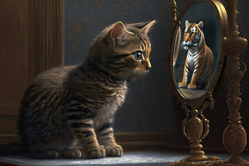 Cat look into a mirror with a tiger inside, generative AI