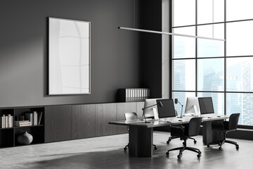 Grey office interior with pc computers and panoramic window. Mockup frame