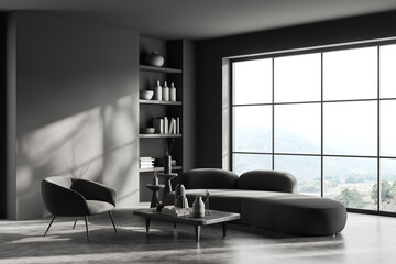 Grey living room interior with couch and armchair near window, mock up wall
