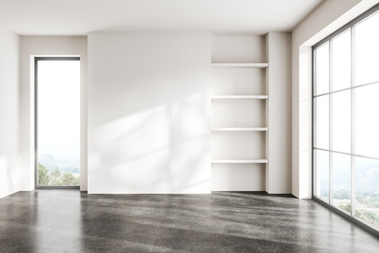 White living room interior with empty shelf and window. Mockup empty wall