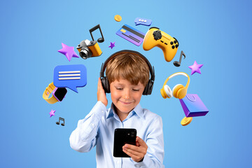 Happy boy using smartphone and headphones, online shopping and v