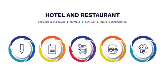 set of hotel and restaurant thin line icons. hotel and restaurant outline icons with infographic template. linear icons such as go down, agenda, rent a car, cheese burger, bathrobe vector.