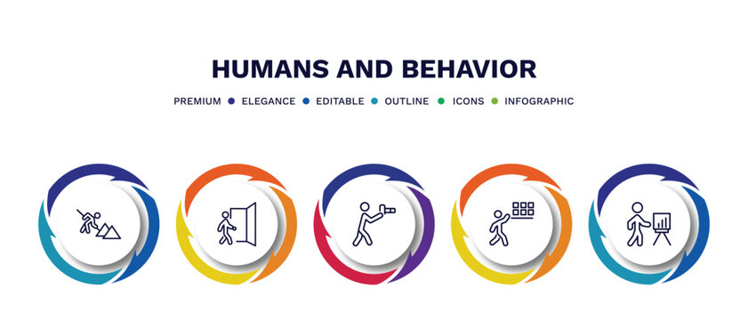 set of humans and behavior thin line icons. humans and behavior outline icons with infographic template. linear icons such as construction worker, come in, nature photographer, storekeeper, business