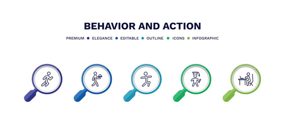 set of behavior and action thin line icons. behavior and action outline icons with infographic template. linear icons such as stick man running, waiter with food tray, man warming up, stick man