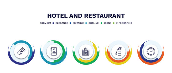 set of hotel and restaurant thin line icons. hotel and restaurant outline icons with infographic template. linear icons such as key card, wine menu, hotel, fire extinguisher, parking vector.