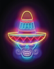 Dia de Los Muertos Greeting Card Template with Sugar Male Skull in sombrero, Calavera. Day of the Dead Postcard. Shiny Neon Poster, Flyer, Banner, Postcard, Invitation. Glossy Background. Vector 3d