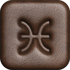 Pisces. Three-dimensional square button of the zodiac sign. Three-dimensional impression of the symbol on brown skin. Isolate. 3D render.