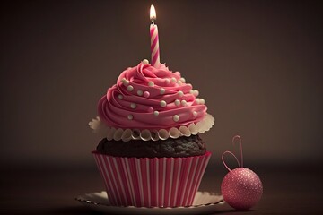A delectable birthday cupcake adorned with a lit candle and charming pink decor, ready for a celebration. Generative AI.