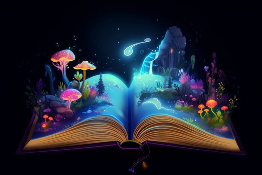 Illustration of a magical book that contains fantastic stories Generative AI