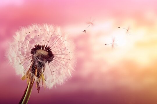 Ethereal dandelion moment as seeds gracefully drift away on a gentle breeze, set against a pink sky. Generative AI.
