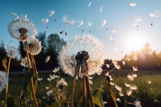 The whimsical sight of dandelion seeds dispersing into the azure sky, a symbol of change and new beginnings. Generative AI.