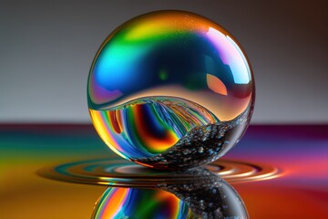 Abstract shot of glass ball on colorful holographic backdrop