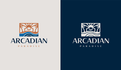 Beach Resort Palm Tree monoline. Universal creative premium symbol. Vector sign icon logo template. Vector illustration