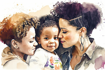 Watercolor painting of a multiethnic lesbian couple with their child. Beautiful mixed race LGTBI family. Mother's Day, Women's Rights, Multi ratial family concept. Generative AI illustration.