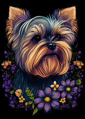 Naklejka premium Yorkshire terrier with flowers, vector style