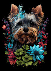 Yorkshire terrier with flowers, vector style