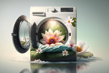 Fresh, soft and clean laundry concept. Generative AI - obrazy, fototapety, plakaty