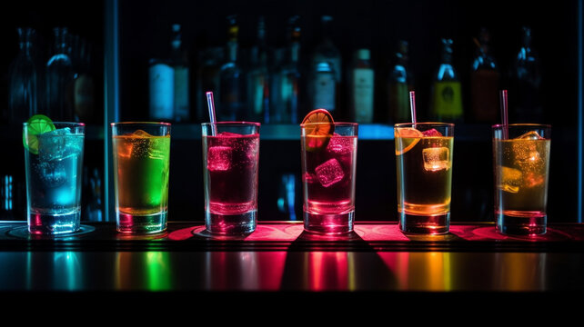 Neon Cocktails in Neonfarben und Neonlicht. Generative Ai.