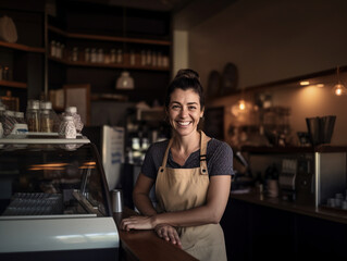 A woman standing behind a counter with a coffee shop in the background. Generative AI