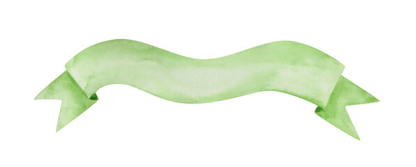 Green banner isolated on a white background. Watercolor ribbon banner clipart. Empty green template for sign or decoration. Eco color of the bright flag. Beautiful decor.