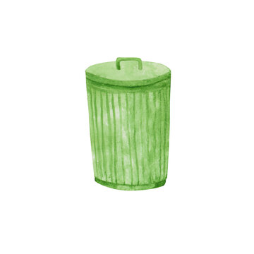 Recycle garbage bin is isolated on a transparent background. Green watercolor rubbish basket illustration. Recycling trash container. Eco plastic basket object. Hand-drawn clipart for your design.