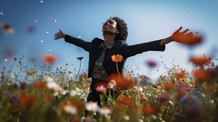 Obraz na płótnie Canvas A black woman in a field of flowers with her arms outstretched, Generative AIA black woman in a field of flowers with her arms outstretched, Generative AI