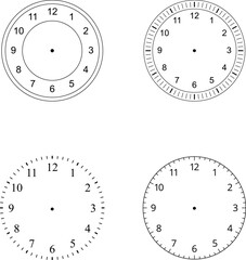 Mechanical clock faces with arabic numerals, bezel. Timer or stopwatch element. Vector illustration