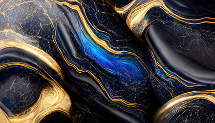 Black and blue marble texture with gold. Luxury abstract fluid art paint wallpaper. AI	