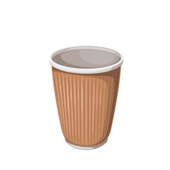Paper coffee cup vector illustration. Cartoon isolated cardboard mug for takeaway hot drink from fast food restaurant and coffee shop, disposable empty brown cup with texture cover for beverage