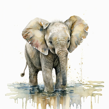 Baby elephant. generative ai. Aquarelle illustration. Watercolor painting of a cute baby elephant