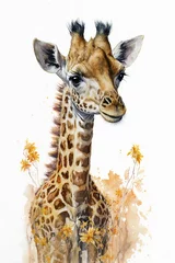 Fotobehang Waterverf safari dieren Watercolor painting of a cute baby giraffe. Baby giraffe. generative ai. Aquarelle illustration  © Aquir