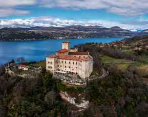 view of the Borromeo Castle in Angera and Lake Maggiore