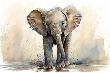 Baby elephant. generative ai. Aquarelle illustration. Watercolor painting of a cute baby elephant
