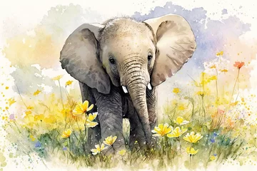 Wall murals Watercolor painting of a cute baby elephant on a blooming meadow. generative ai. Baby elephant. Aquarelle illustration
