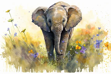 Wall murals Watercolor painting of a cute baby elephant on a blooming meadow. generative ai. Baby elephant. Aquarelle illustration