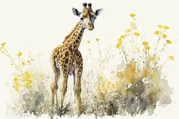 Wall murals Watercolor painting of a cute baby giraffe on a blooming meadow. generative ai. Baby giraffe. Aquarelle illustration