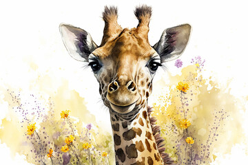 Fototapety  Watercolor painting of a cute baby giraffe on a blooming meadow. generative ai. Baby giraffe. Aquarelle illustration