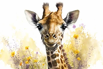 Wall murals Watercolor painting of a cute baby giraffe on a blooming meadow. generative ai. Baby giraffe. Aquarelle illustration