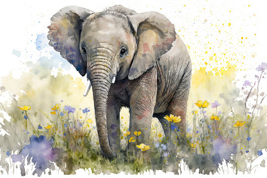 Watercolor painting of a cute baby elephant on a blooming meadow. generative ai. Baby elephant. Aquarelle illustration