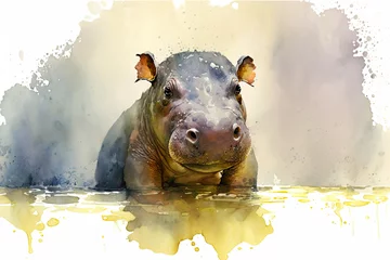 Wall murals Watercolor painting of a cute baby hippo. Baby hippo. generative ai. Aquarelle illustration