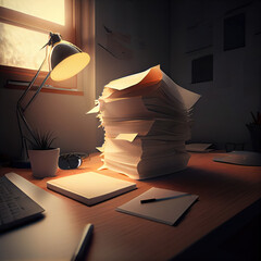 Workplace with documents and a lamp. Generative AI
