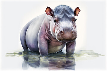 Watercolor painting of a cute baby hippo. Baby hippo. generative ai. Aquarelle illustration - obrazy, fototapety, plakaty
